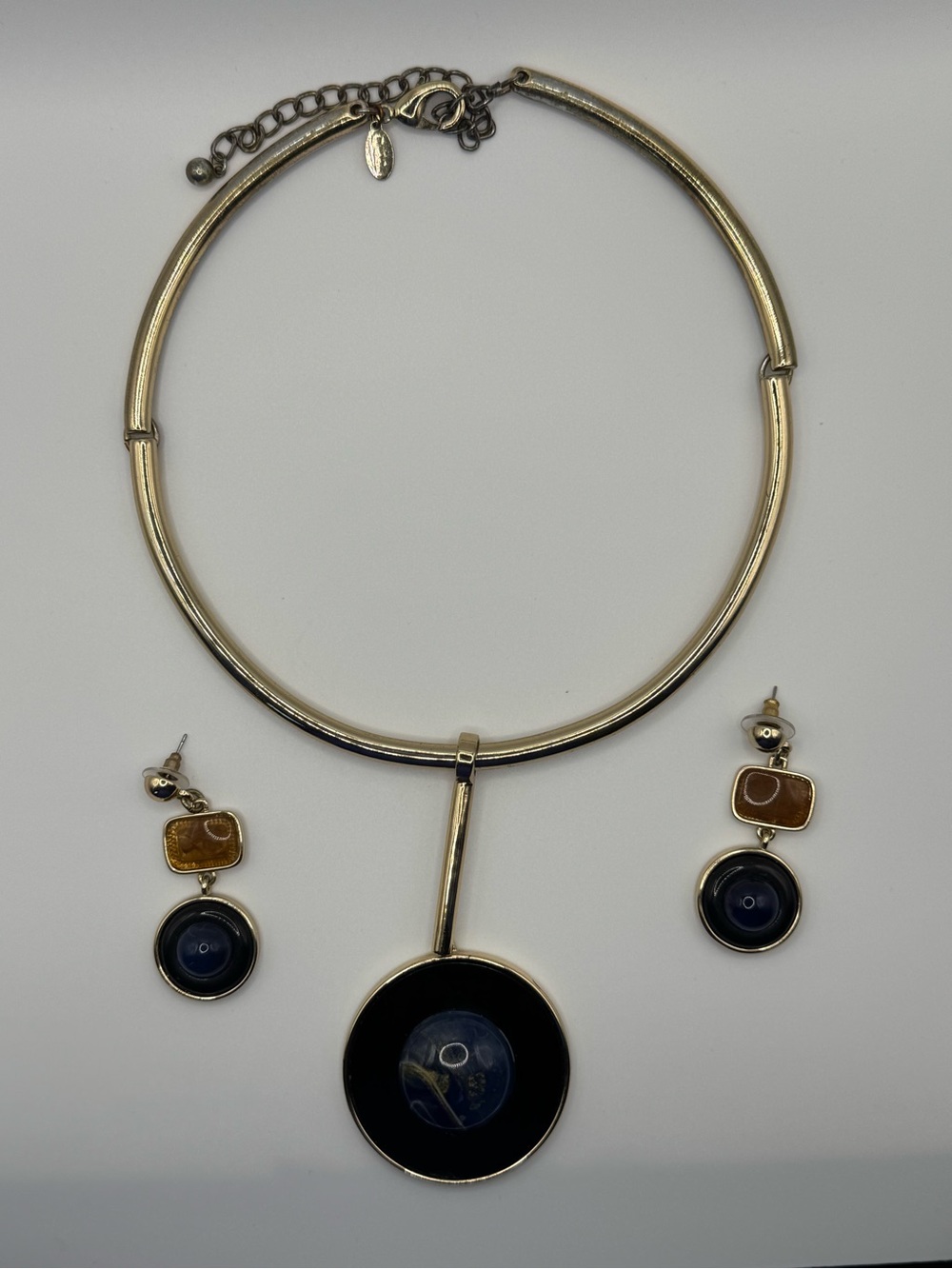 Chicos Gold Toned Necklace & Earring Set with Navy and Amber Accents